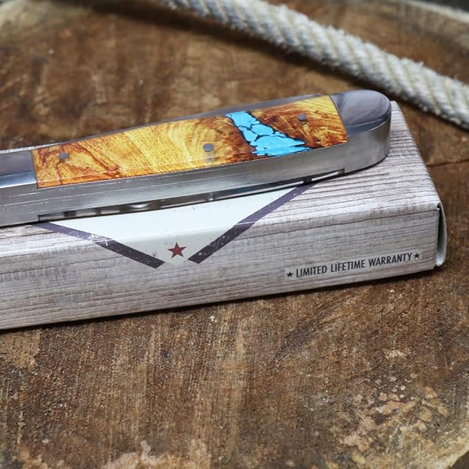 WHISKEY BENT HAT CO. Trapper Folding Pocket Knife with Hoofpick 4.125 Closed Length 440C Stainless Steel Blades (Turquoise River)
