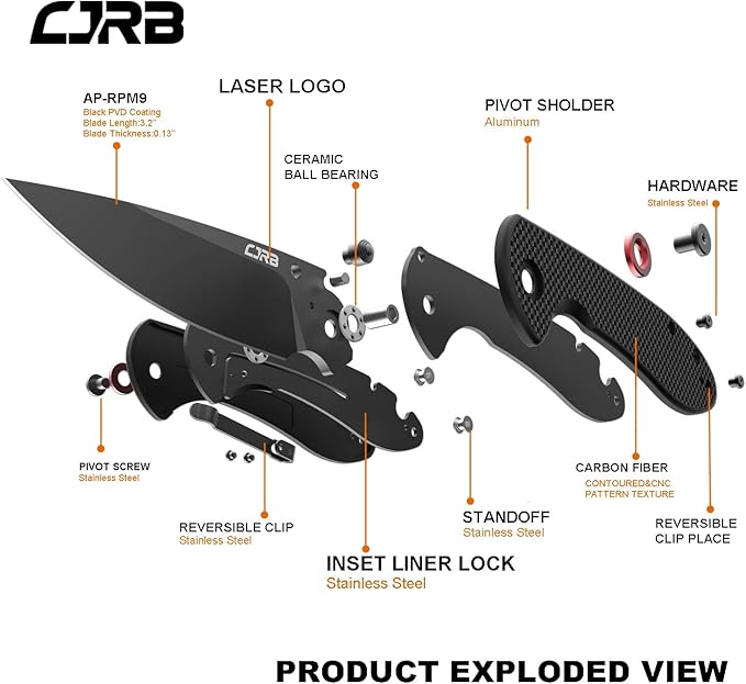 CJRB CUTLERY Folding Knife Feldspar(J1912) AR-RPM9 Powder Steel Black PVD Blade Carbon fiber Handle Pocket Knife EDC Knife Carbon Fiber Handle