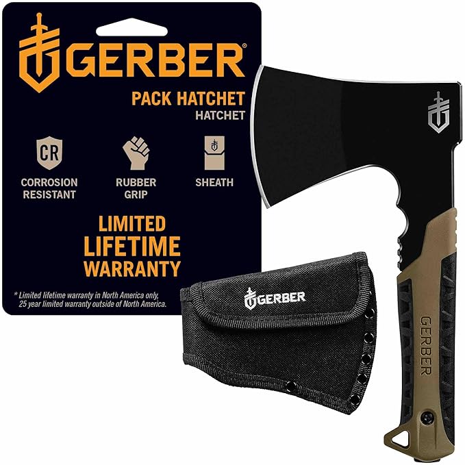 Gerber Gear Pack Hatchet - 3.5 Steel Blade Axe with Full Tang - Survival Bushcraft and Camping Gear - with Mountable Nylon Sheath - Brown
