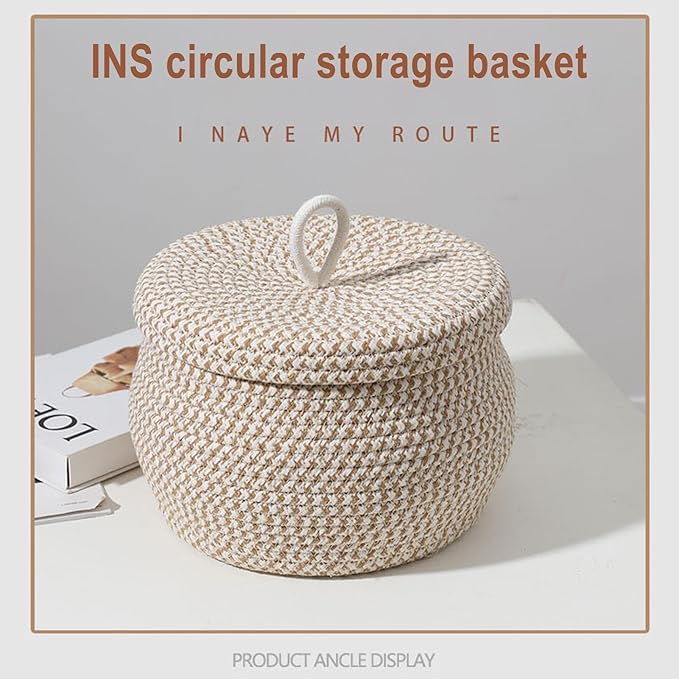 Rope Woven Basket - Round Rope Organizer Cotton Table Basket Covered Storage Bin | Stylish Decorative Utility Holder Soft Lid Container with Sturdy Shape for Napkins Sundries Snacks Makeup Towels