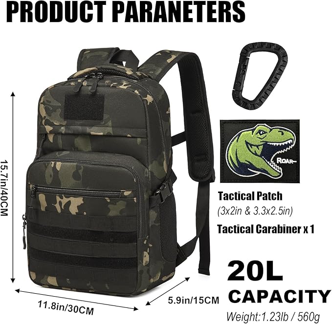Kids Tactical Backpack Army Molle Bookbag Military Boys Backpack for School Outdoor Camping (Includes 2 Patches+1Carabiner) Black CM