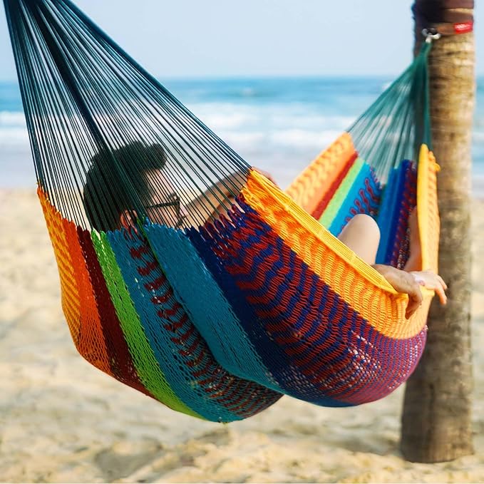 Lazy Daze Hammocks Handwoven Mayan Hammock 10.5 FT Soft Rope Double Hammocks Portable Outdoor Hammock with Carry Bag 2 Straps &amp Carabiners for Patio Outside 550 lbs Weight Capacity Multi Colo