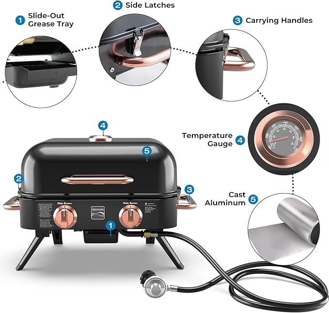 Kenmore 2-Burner Portable Gas Grill Tabletop BBQ Grill with Warming Rack Foldable Legs Stainless Steel Burners Fits 5 &amp 20 lb Propane Tanks Ideal for Camping &amp Tailgating Black &amp Cop