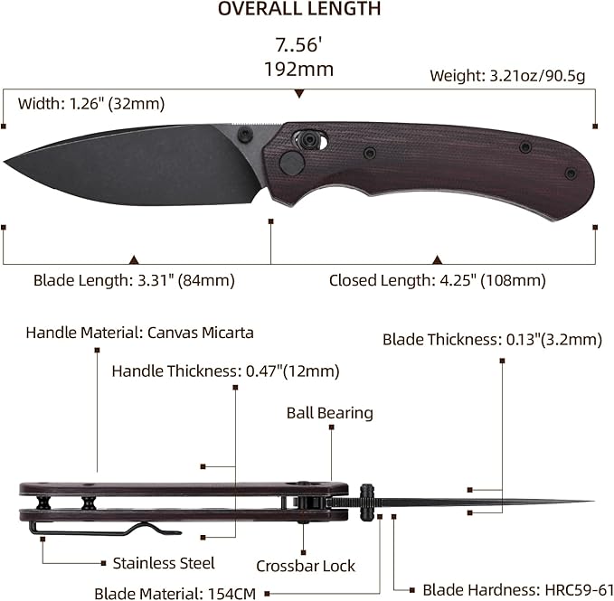 Folding Pocket Knife 3.31'' 154CM Blade EDC Knife Erogonomic Canvas Micarta Handle Pocket Knives for Men Hunting Hiking Survival Knives (Red)