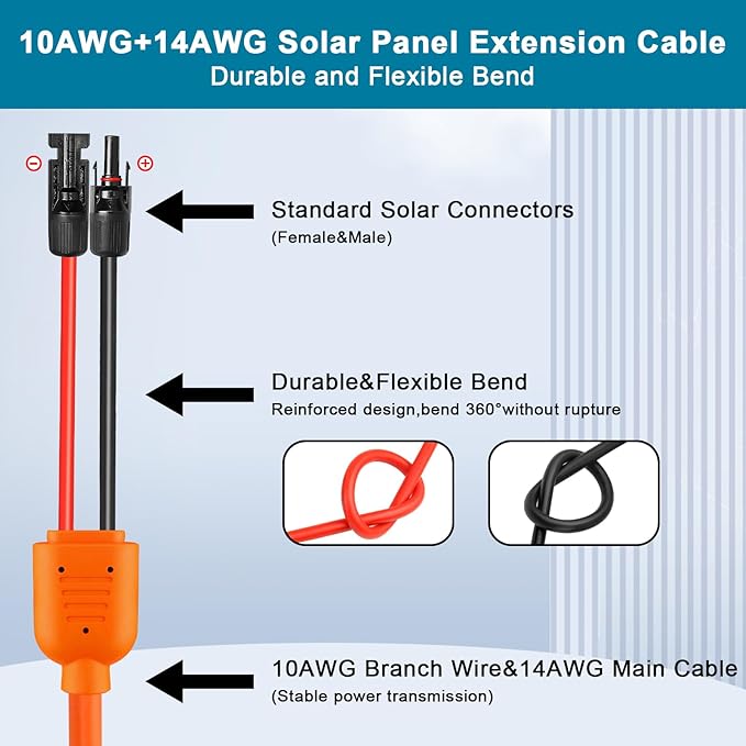 Solar Panel Extension Cable 50FT - MOOKEERF 10AWG+14AWG Solar Wire with Female &amp Male IP68 Waterproof Connector for RV Photovoltaic Systems Home Boat Solar Panels Car