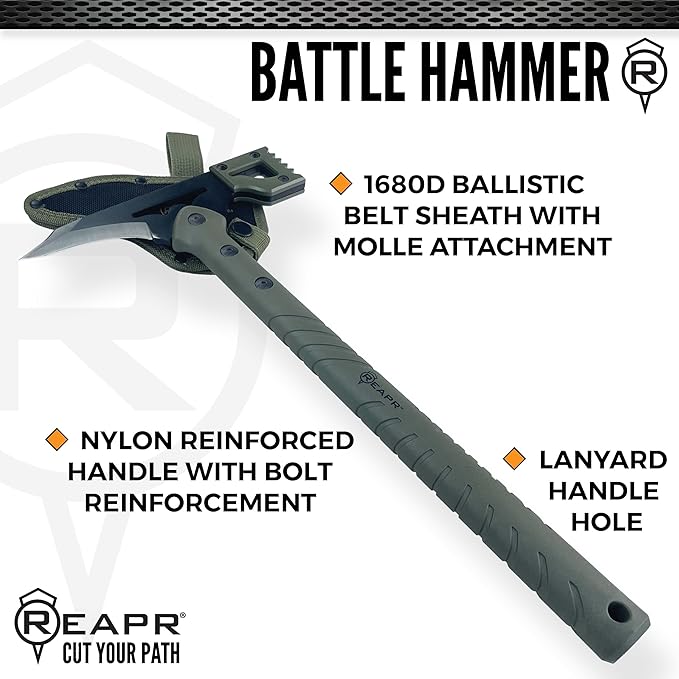 REAPR Battle Hammer – 15¾″ Fixed‑Head Hammer Axe with 3¼″ Cutting Blade Spike End &amp Nylon Handle with MOLLE-Compatible Sheath Ideal Demolition &amp Tactical Use