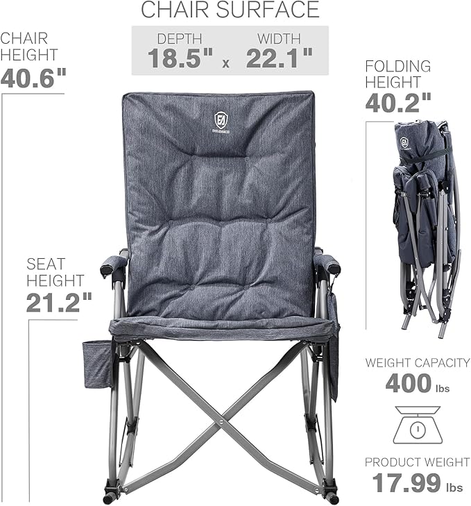 EVER ADVANCED Oversized Folding Rocking Camping Chair Padded Portable Rocker Chair for Patio Lawn and Outdoors Heavy Duty Hard Armchair for Adults Supports 400lbs Grey