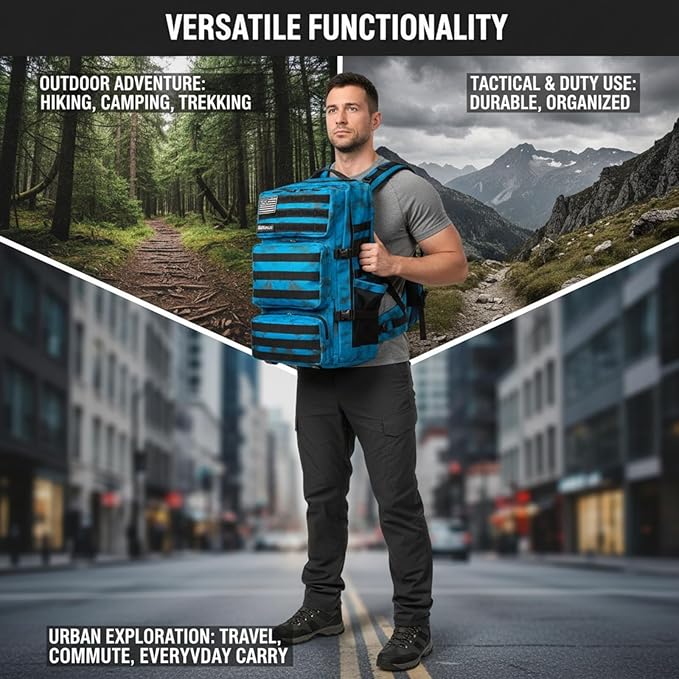 Military Tactical Backpack 55L for Men &amp Women Bug Out Bag Assault pack Molle Daypack Hiking Trekking Rucksack (Blue tie dye)