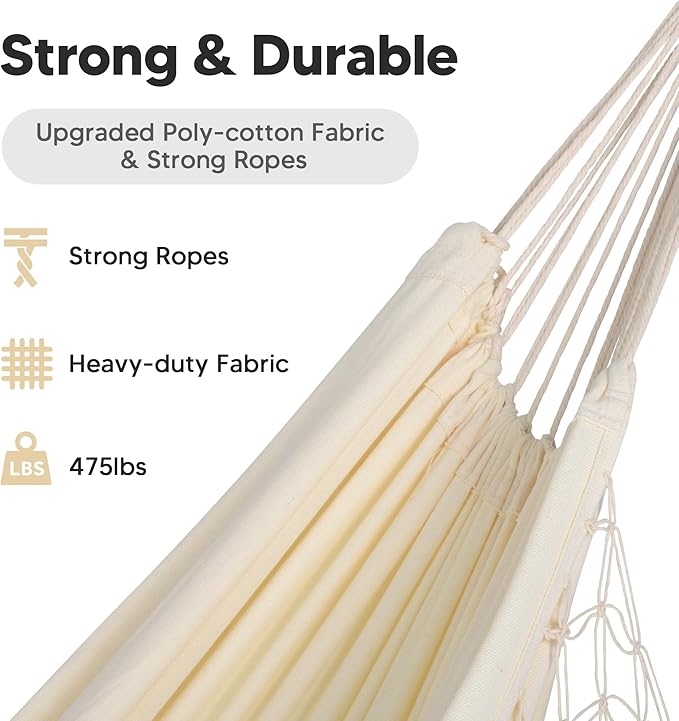 SUNCREAT Portable Camping Hammock for Outside Heavy Duty 2 Person Hammock Bed for Tree Beige with Tassels