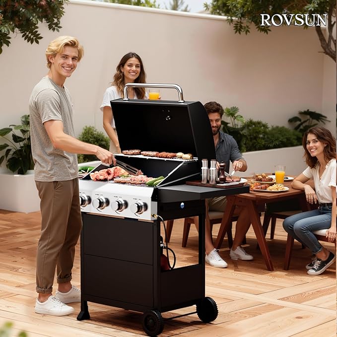 ROVSUN 4 Burner Propane Gas Grill with Foldable Side Shelves 40000BTU BBQ Grills with Enameled Cast Iron Grates Cabinet &amp Poratable Rolling Wheels for Outdoor Garden Patio Backyard Barbecue Cook