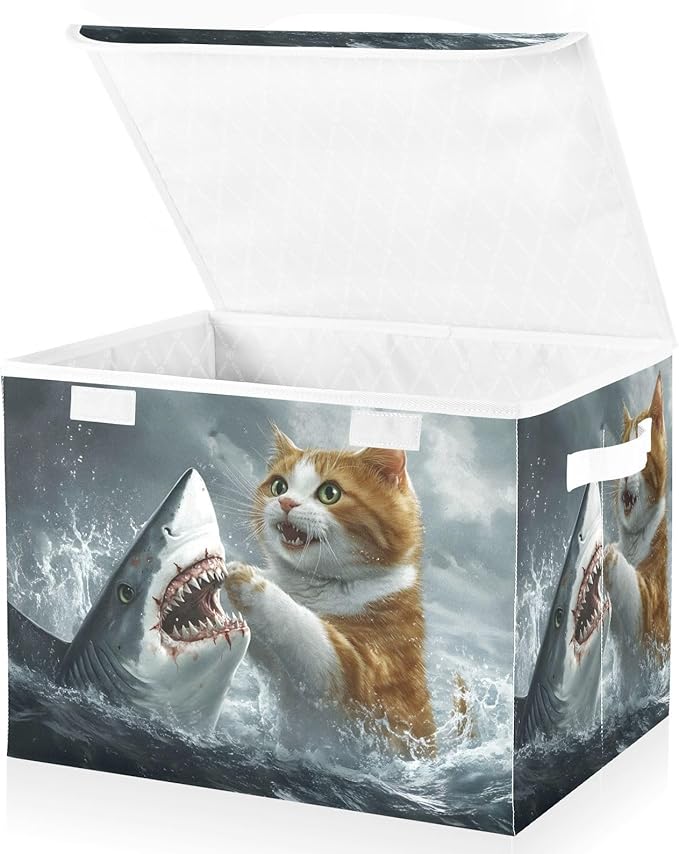 Cat Fight Fish Storage Cube Bins Basket with Lid Collapsible Flip-top Fabric with Handle for Home Bedroom Closet Office 16.5×12.6×11.8 in