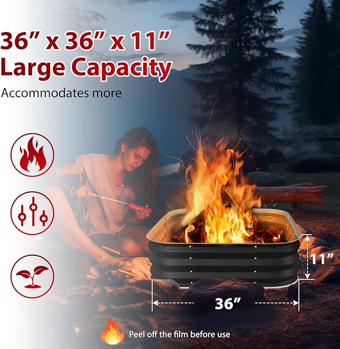 Fire Pit 36 Inch Height 11.5 Inch Square Galvanized Steel Fire Pit for Outside Heavy Duty Steel Fire Pits In-Ground for BackyardCamping BonfireRaised Garden Bed for Garden (3X3X1 FT)