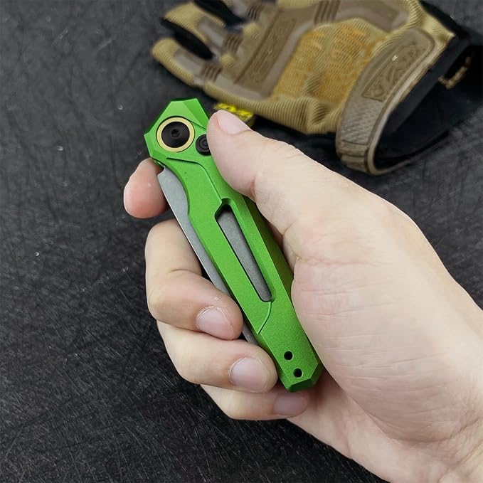 HUAAO Manually Operated Button-Lock Knife Men's Folding Pocket Knife Stonewashed Reverse Edge Aluminum Handle With A Reversible Deep Pocket Clip EDC Outdoor Camping Tool (Green)