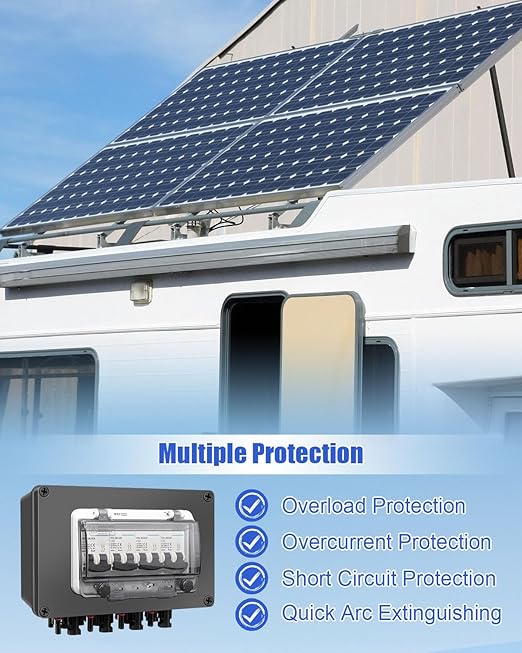 Solar Panel Disconnect Switch 4 String 32 Amp DC Circuit Breaker Box Waterproof IP67 Solar Combiner Box with MC4 Connectors for Grid-Connected and Off-Grid Systems 4 in 4 Out