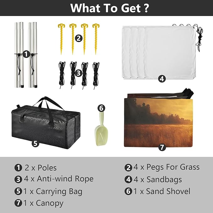 Dusk Landscape Beach Tent Sun Shelter Set UPF50+ UV Protection 10.5 x 9.19 FT Camping Shade Canopy with Sandbags Sand Anchors Carrying Bag and Others