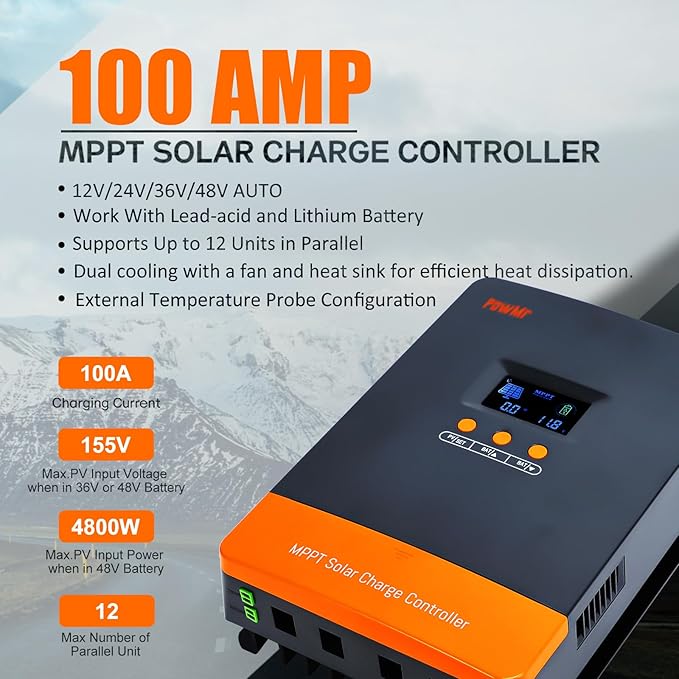PowMr 100A MPPT Solar Charge Controller 12V/24V/48V | 12 Units Parallel Support | Dual Cooling Fan &amp Wide Voltage | Compatible with Lithium/Lead-Acid Batteries | Overload Protection