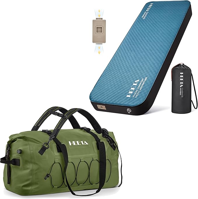 HEETA Waterproof Duffel Bag Motorcycle Dry Bag (Green 60L) Bundled with Self Inflating Sleeping Pad with Electric Pump 4 Ultra Thick Memory Foam Camping Mattress
