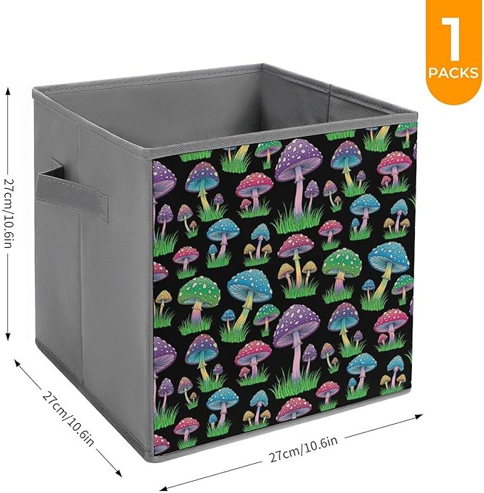 Fabric Storage Bins with Handles Neon Mushroom Foldable Collapsible Cube Organizer for Shelves Multi-Purpose Box for Bedroom Living Room Closet
