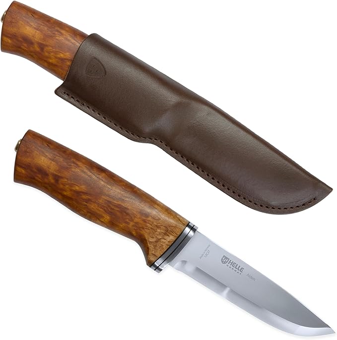 HELLE Knives - Alden - Outdoor Fishing Knife Stainless Steel Drop Point Blade Curly Birch Handle Fixed Blade With Sheath Handcrafted