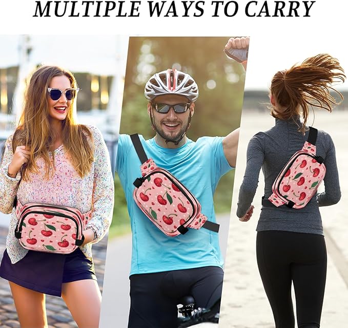 Polka Dot Heart Cherry Waterproof Fanny Pack for Women Men Adjustable Waist Bag with Double Zipper Pockets Lightweight Square Hip Pack for Running Travel Hiking Workout Cycling