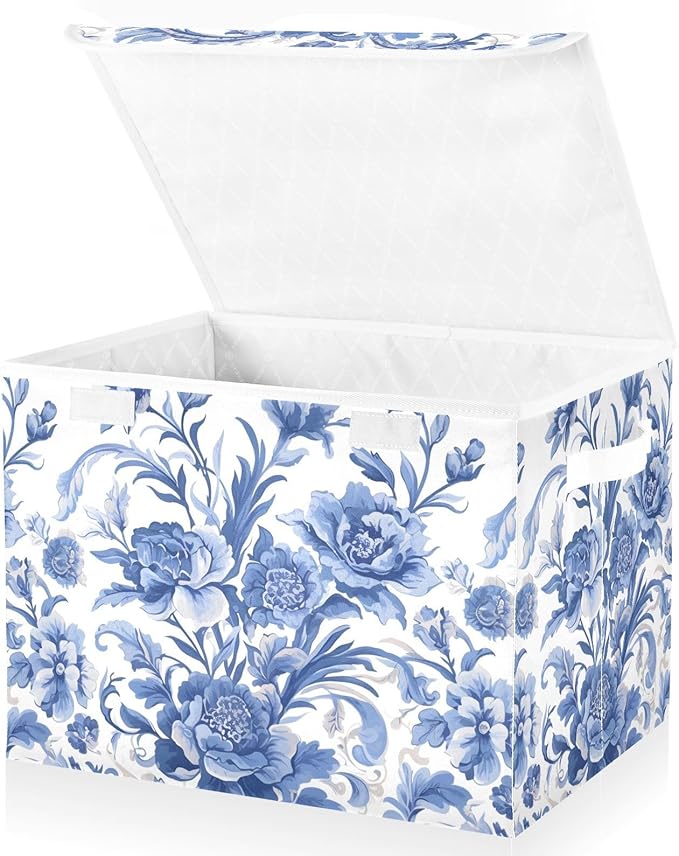 Flower Blue Lidded Storage Bins with Handles - 16.5x12.6x11.8 Foldable Organizing Box Oxford Fabric &amp Honeycomb Board Dust-Proof Flip Lid for Closet/Office