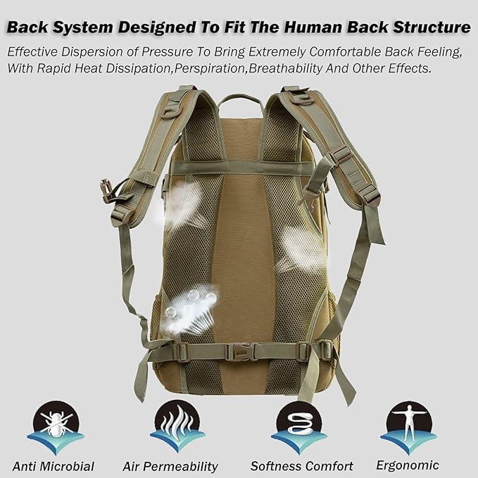 Military tactical backpack30L Large Assault PackMilitary Army Rucksack3 Day Bug Out Bag for outdoor hiking hunting (Khaki)