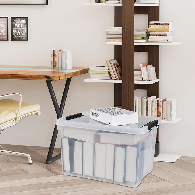 34 L Clear Plastic Storage Bins Box with Lid Stackable Lidded Storage Bin Container with Wheels and Secure Latching Buckles 4 Packs