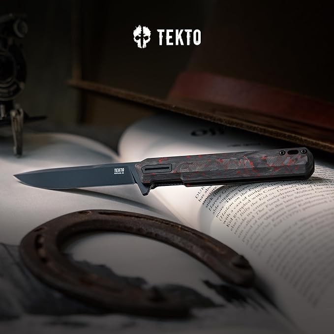 TEKTO F2 Bravo Folding Pocket Knife - D2 Steel Blade Ceramic Ball Bearings - EDC - Snap Swift Flip for Camping Backpacking - 2.4oz (68g) Forged Ember Handle Black Titanium Accents