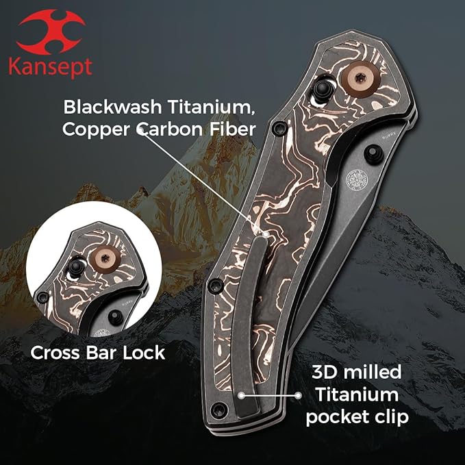 KANSEPT Apollo Pocket Knive 3.11Blackwash CPM S35VN Blade Titanium inlaid Copper Fatcarbon Handle with Thumb Stud Cross Bar Lock Folding for Men Women Sharp Camping Survival Hiking Knives K2107V3