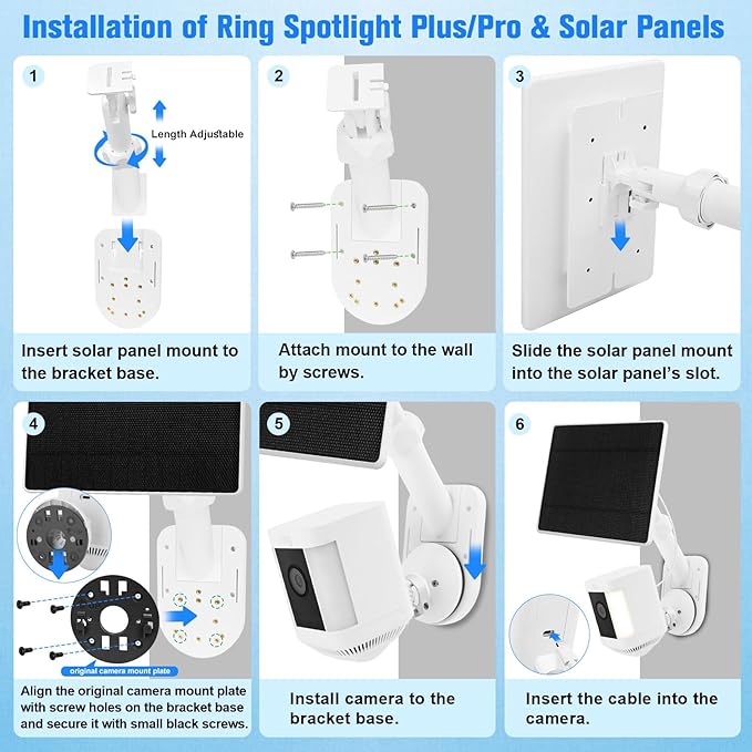 6W Solar Panel with Camera Mount for Ring Spotlight Cam Plus/Pro (Battery) Ring Stick Up Cam &amp Outdoor Cam Plus (Battery) 2-in-1 Solar Charger Wall Mount for Outdoor Security Cameras