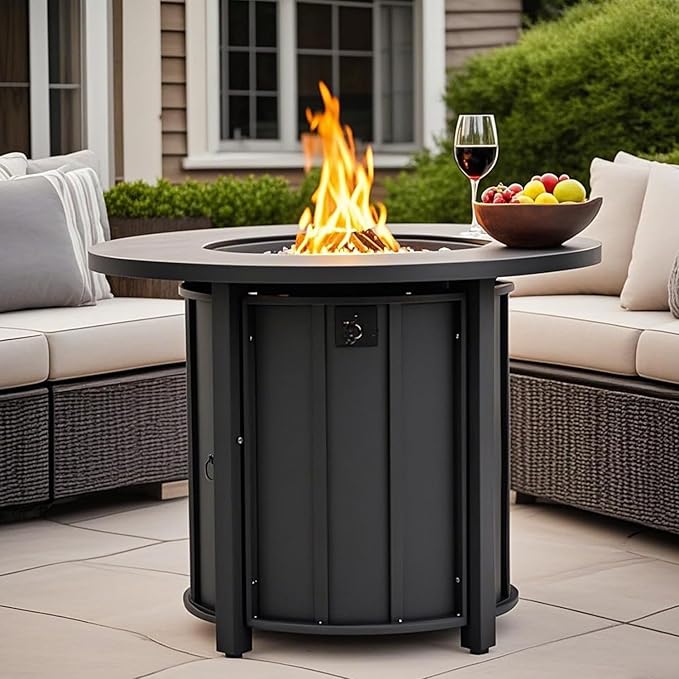 30'' Concrete Round Gas Fire Pit 50000 BTU Steel Outdoor Fire Tables Fire Table with Lid Add Warmth &amp Ambience to Gatherings and Parties On Patio Deck Garden BackyardWhite Glass Stone.
