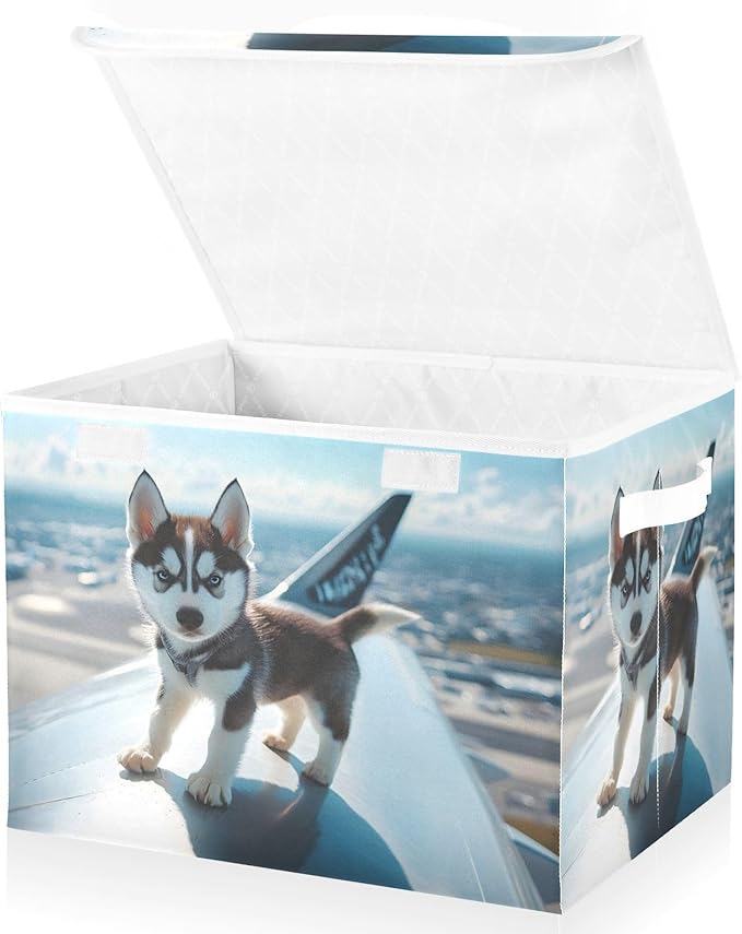 AIXIWAWA Lidded Storage Cube (Husky on Plane) Fabric Foldable Closet Bins with Flip Lid and Handles Organizer Basket Container 16.5 x 12.6 x 11.8 IN