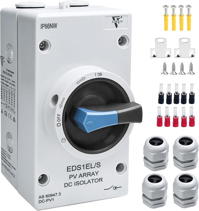 Waterproof IP66 Solar Disconnect Switch 4-Pole DC 1500 32 Isolator Solar Switch with Enclosure for Rooftop Solar Systems RVs and Boat Black