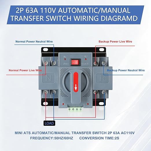 6-63amp AC110V Dual Power Automatic Transfer Switch 2P 50/60Hz 2POLE 63A ATS Auto Changeover Switch for Generator CE Certified ATS Solar Back Up Power Auto Selector Overvoltage Undervoltage