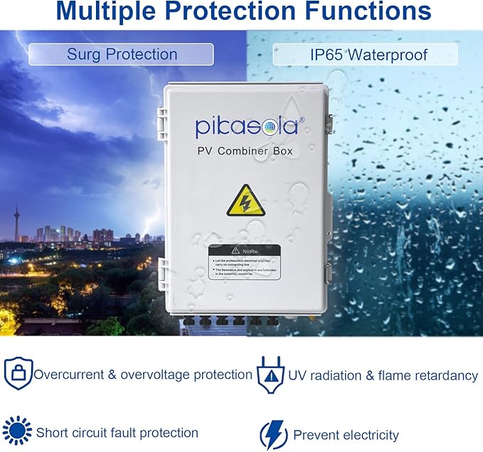 Pikasola PV Combiner Box 6 String Solar Combiner Box with 15A LED Fuse Lightning Arreste and 63A Air Circuit BreakerCombiner Box for Solar Panel On/Off Grid System IP65 Water Resistant