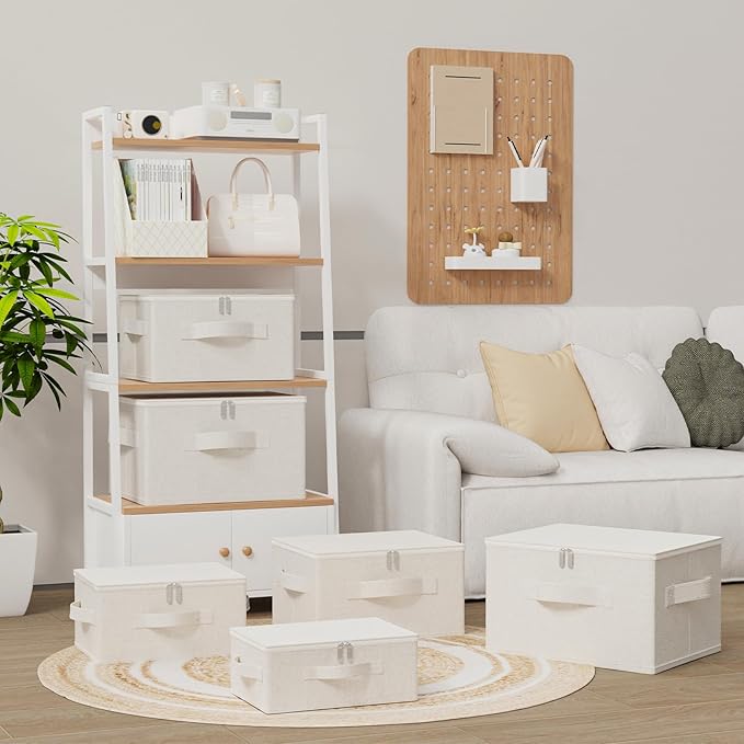 Underbed Storage Box with Lid Foldable Clothes Organizers Home Organising Baskets for Clothes Shoes Blankets Pillows 14.9x10.2x5.9Inches Beige 2 Pack