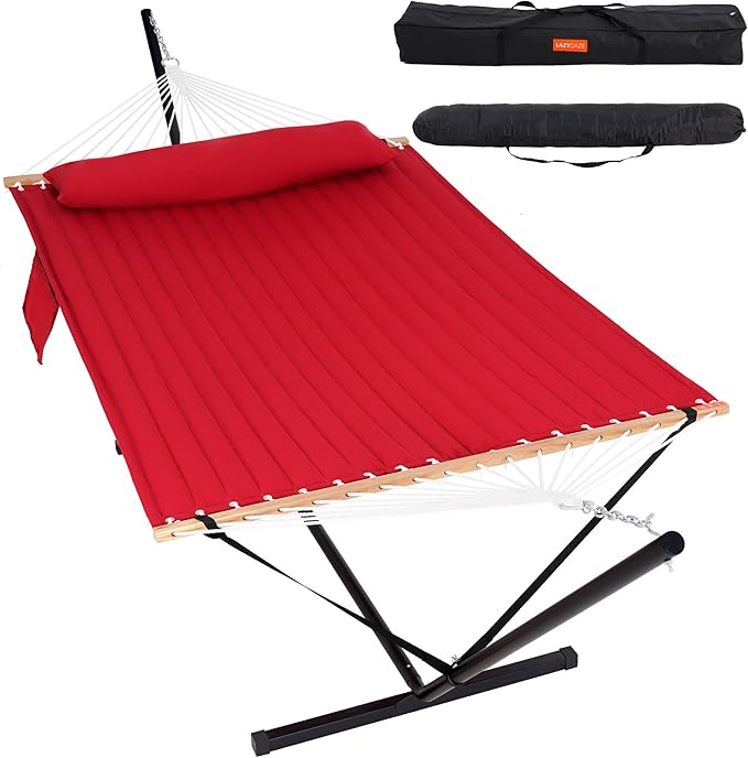 Lazy Daze Hammocks 2 Person Portable Hammock with 12FT Stand for Outside Quilted Double Hammock with Spreader Bar and Detachable Pillow 450lbs Capacity Perfect for Outdoor Patio Burgundy