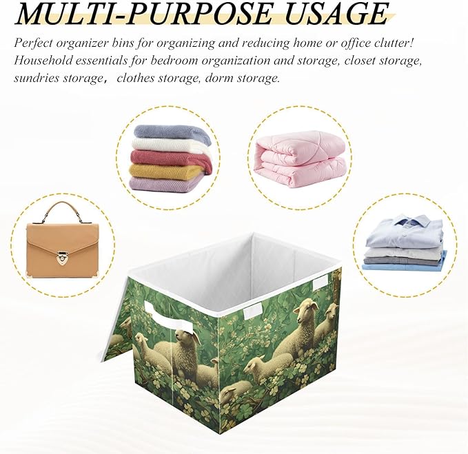 Storage Cube with Lid Green Leaves Sheep Print 16.5×12.6×11.8 IN Collapsible Large Capacity Foldable Storage Basket Bin Organizer