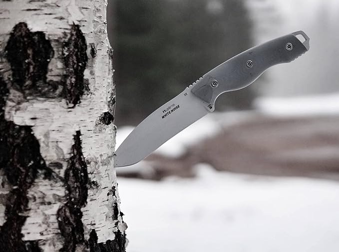 Hydra Knives WHITE NOISE Knife. 5.12 Full Tang Fixed Blade. Drop Point Shape with Böhler K110 (D2) Steel 58-60 HRC. CNC G10 Grey Handle. Kydex Black Sheath. Hunting Tactical Bushcraft Outdoor and