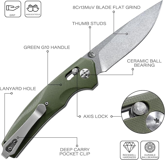 Axis Lock Folding Pocket Knife with Clip 3.44 8Cr13MoV Steel Drop Point Blade and G10 Handle Crossbar Lock Knives for Men Women Camping Hiking Survival Pocketknife