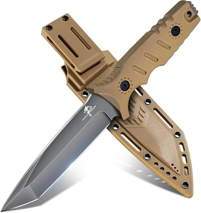 Purple Dragon Khaki Fixed Blade Outdoor Knife with Kydex SheathsD2 Steel Camping Knives for BushcraftHiking and WildernessFull Tang G10 Handle Gifts for Men