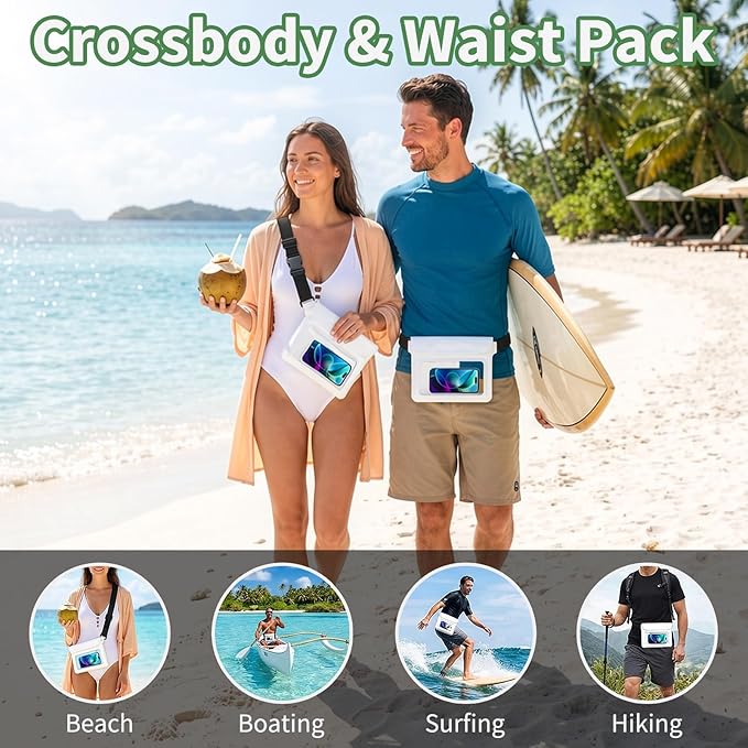 Waterproof Dry Bag Set 2 Pcs: White 9.8 Clear Fanny Pack with Black Waterproof Phone Case -7 Phone Pouch IPX8 Floating Water Proof Belt Bag with Adjustable Strap for Cruise Beach Swim Essentials