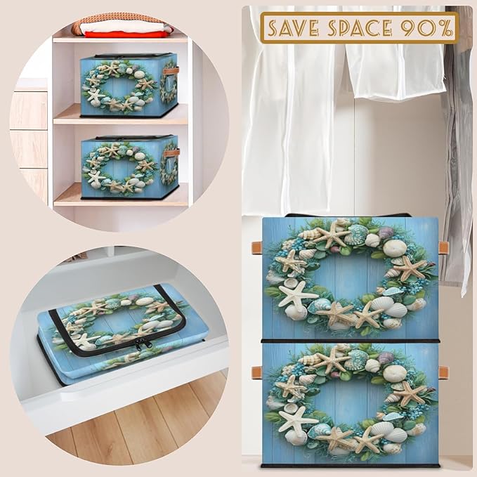 Starfish Wreath Storage Bins with Zipper Lid Blue Wooden Fabric Lidded Storage Baskets Cubes with Handles Decorative Foldable Shelf Closet Organizer Container