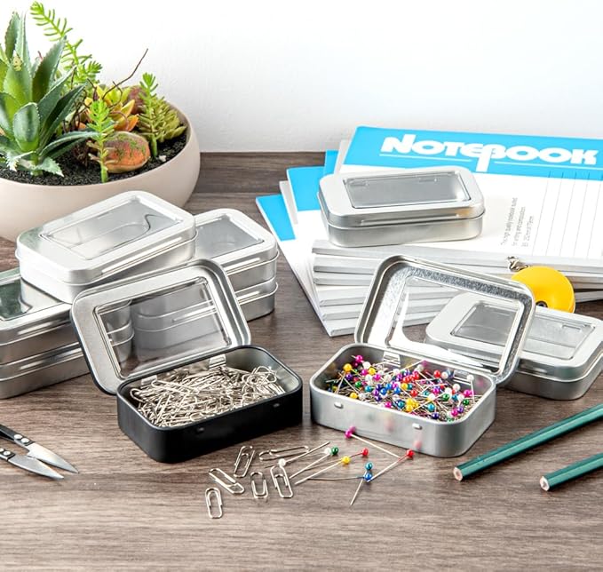 Restaurantware-RW Base 4.5 Ounce Rectangular Tin Containers 100 Durable Tin Boxes With Lids - Clear Window Lids Rounded Edges Silver Storage Containers Customizable Fits Mints Or Pills