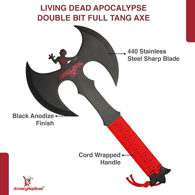 Armory Replicas™ Double Headed Skulking Throwing Axe – Full Tang Black Anodized Stainless Steel Axe with Red Nylon Wrap &amp Sheath