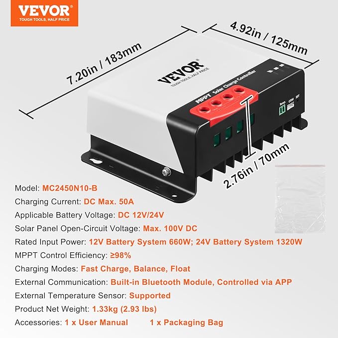 VEVOR 50A MPPT Solar Charge Controller 12V / 24V Auto DC Input Solar Panel Regulator Charger with Bluetooth Module 98% Charging Efficiency for Sealed(AGM) Gel Flooded and Lithium Battery Charging