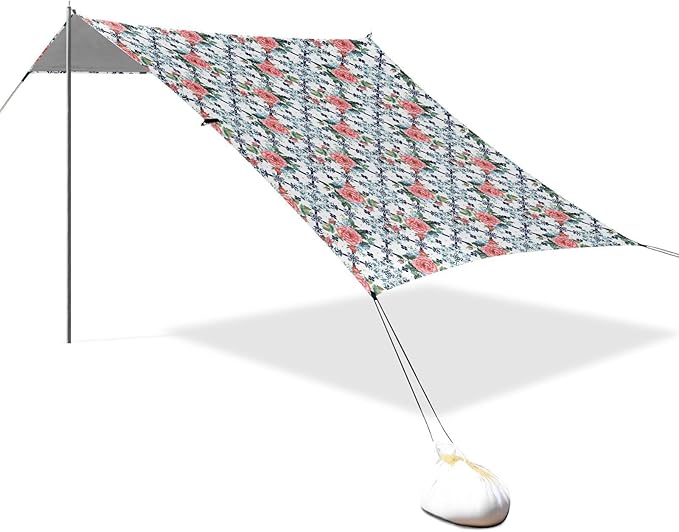 ALAZA Retro Rose Flower Floral Beach Tent Sun Shelter UPF50+ Protection Beach Shade Canopy w/ 4 Sandbags for Outdoor Camping Fishing Backyard Fun Picnic 10x9 ft