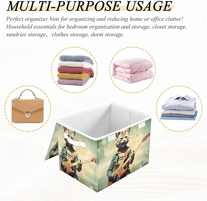 Storage Cube with Lid Cat Playing Guitar Print 16.5×12.6×11.8 IN 1 Pack Collapsible Large Capacity Foldable Storage Basket Bin Organizer
