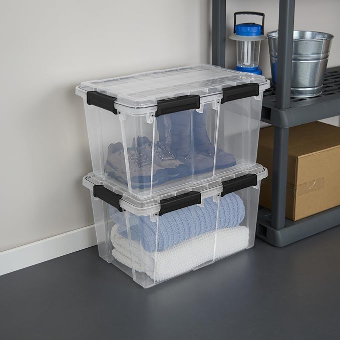 Sterilite 4 Pack 54 Qt Gasket Box Clear Stackable Plastic Storage Container with Lids Black - Waterproof Organizer and Dustproof Tote for Home Organization