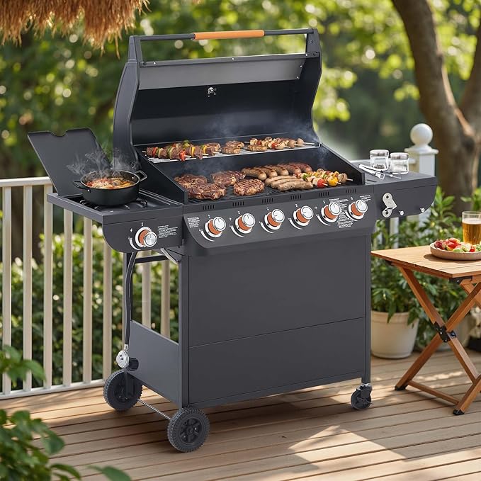 6-Burner Propane Gas BBQ Grill with Side Burner 72000 BTU Stainless Steel Barbecue Grill with Cast Iron Grates and Side Table for Outdoor Cooking Kitchen Patio